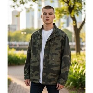 G Star Raw Jacket Mens Green Military Coat Camo Mock Neck Full Zip Canvas Sz XL